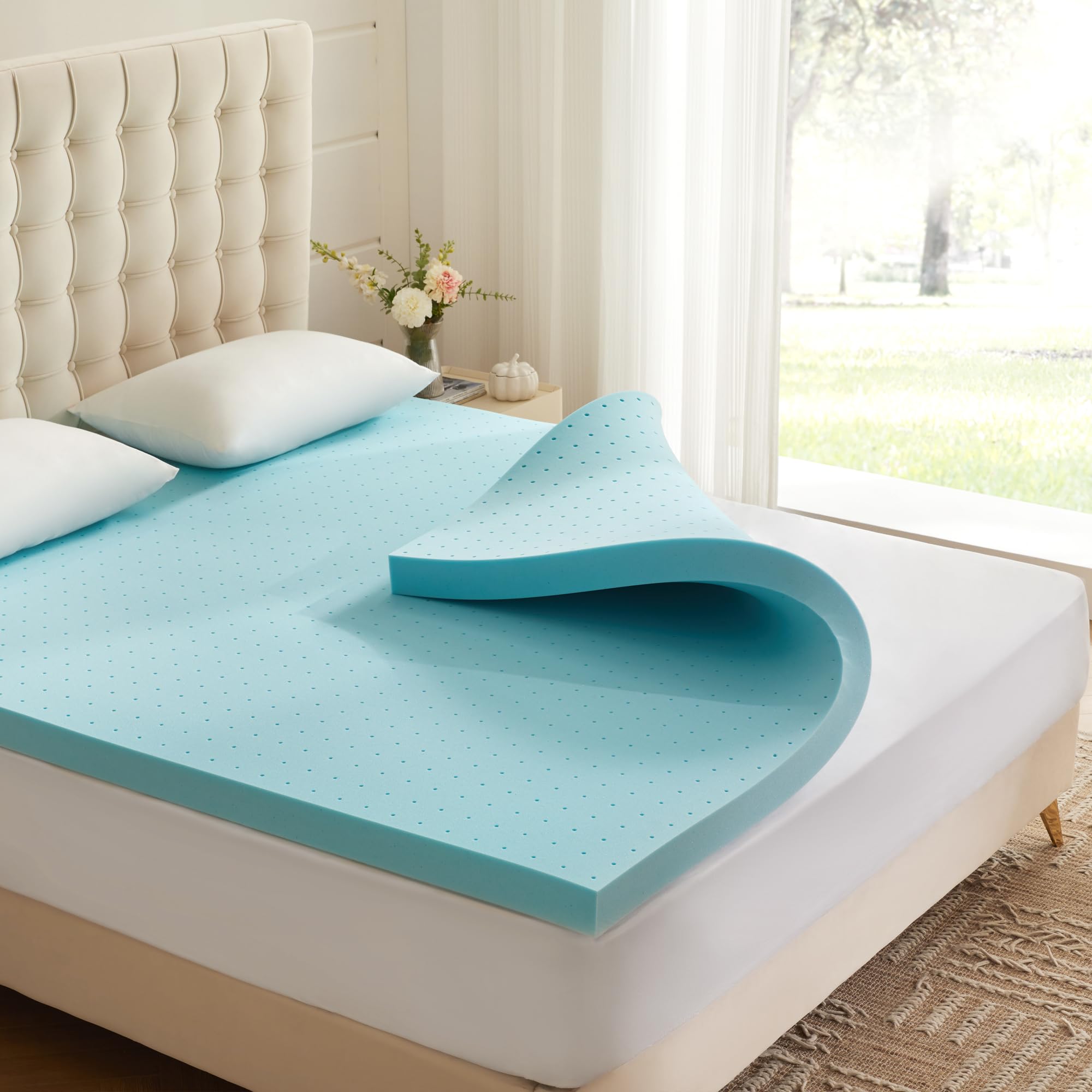Eiayeebil 2 Inch Memory Foam Mattress Topper Queen, Mattress Pad Gel Infused Foam Bed Topper, Ventilated Soft Blue,Queen Size